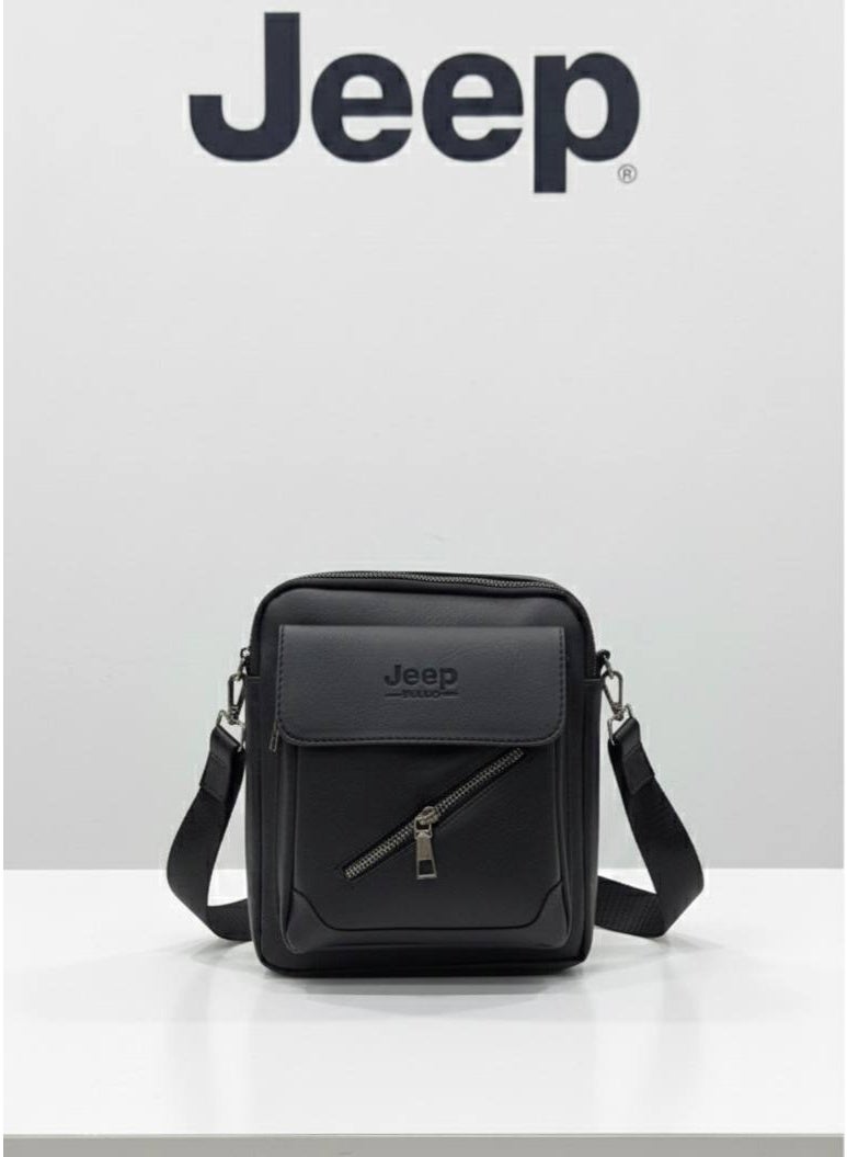 Jeep Men’s Black Leather Crossbody Bag with Diagonal Zipper Pocket - Image 1